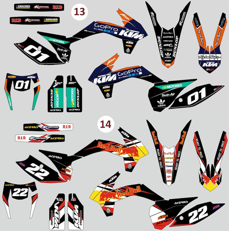 May include: A collection of motorcycle decal sets labeled 13 and 14, featuring KTM branding, race numbers 01 and 22, and various sponsor logos including GoPro, Red Bull, Dunlop, and Renthal in black, white, orange, blue, and yellow color schemes.