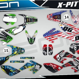 May include: Motorcycle graphics kit for a Geon X-Pit 125-150. The kit includes a variety of decals in green, black, white, and red with Monster Energy, Fox, and USA graphics.
