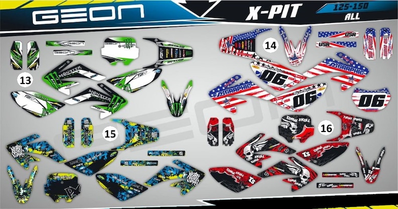 May include: Motorcycle graphics kit for a Geon X-Pit 125-150. The kit includes a variety of decals in green, black, white, and red with Monster Energy, Fox, and USA graphics.
