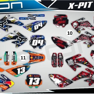 May include: A set of motorcycle graphics decals for a Geon X-Pit 125-150 motorcycle. The decals feature a variety of designs, including a skull, a fox, and a number 04. The decals are available in a variety of colors, including blue, red, white, and black.