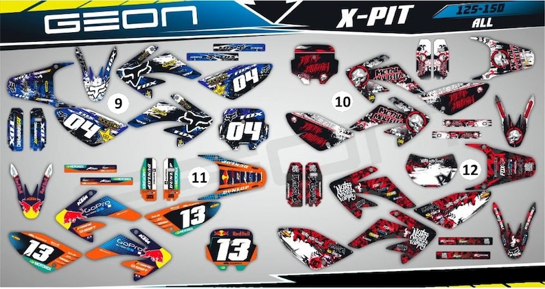 May include: A set of motorcycle graphics decals for a Geon X-Pit 125-150 motorcycle. The decals feature a variety of designs, including a skull, a fox, and a number 04. The decals are available in a variety of colors, including blue, red, white, and black.