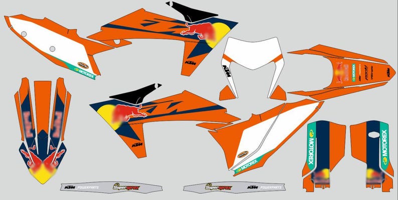 May include: An assortment of orange, white, and navy blue motorcycle decals. The decals feature the Red Bull logo, KTM branding, and the Motorex logo. The design includes various shapes and sizes, suitable for different parts of a motorcycle.