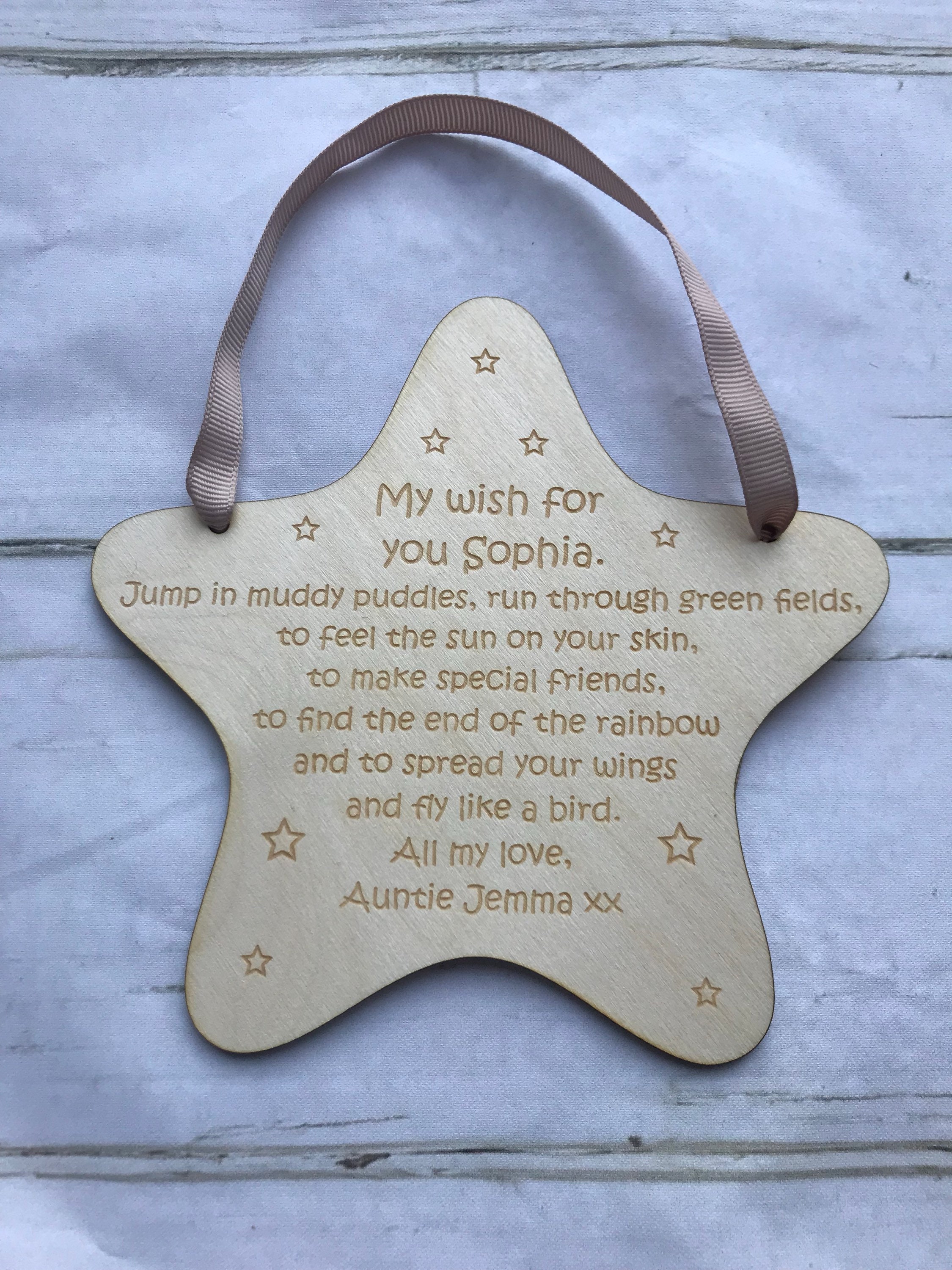 Personalised Wooden Star Plaque New Baby Girl Boy Birth Christening Gift Sign
