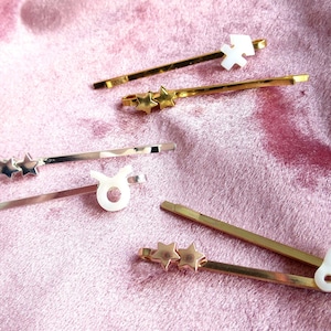 set of 2 delicate astrology and star bobby pins in silver, gold or rose gold