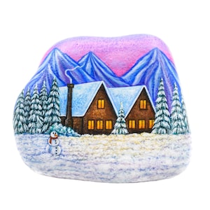 Snowy landscape, Painted rock, Winter painting
