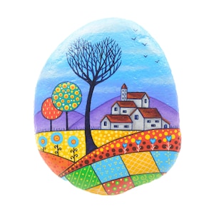 Naive painting, Painted rock, Folk painting, Landscape paint