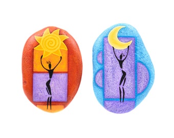 Sun and Moon art, Hand painted rocks, Sun Moon decor