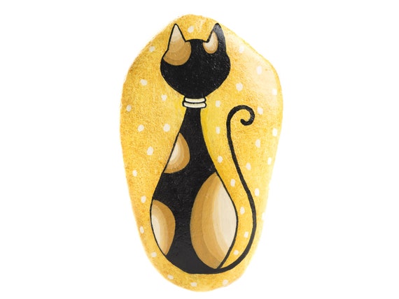 Gatto di schiena, Gattino nero, Sasso dipinto a mano