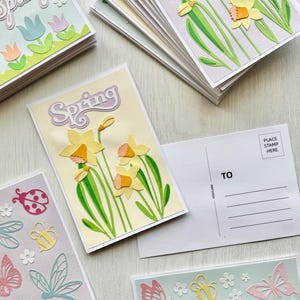 Frühling Postkarten | Handgemachte geschichtete Papier Handwerk Postkarten | -Saison Grußkarten | Blumenpost-Kreuzung | Narzissen & Insekten | Saisonal