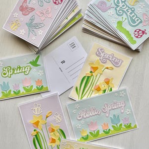 Frühling Postkarten 7er Set | Handgemachte geschichtete Papier Handwerk Postkarten | Pastell Weihnachtskarten | Blumenpost-Kreuzung | Narzissen & Insekten
