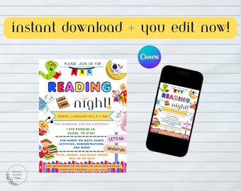 Editable Family Reading Night Flyer, PTO PTA Family School Flyer, Literacy School Fundraiser Template, Digital Printable, Instant Download