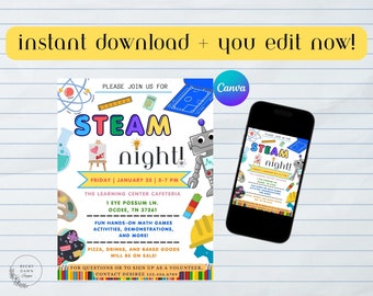 Editable Family STEAM Night Flyer, PTO PTA Family School Flyer, Literacy School Fundraiser Template, Digital Printable, Instant Download