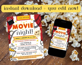 Editable Family Movie Night Flyer, PTO PTA Family School Flyer, Literacy School Fundraiser Template, Digital Printable, Instant Download