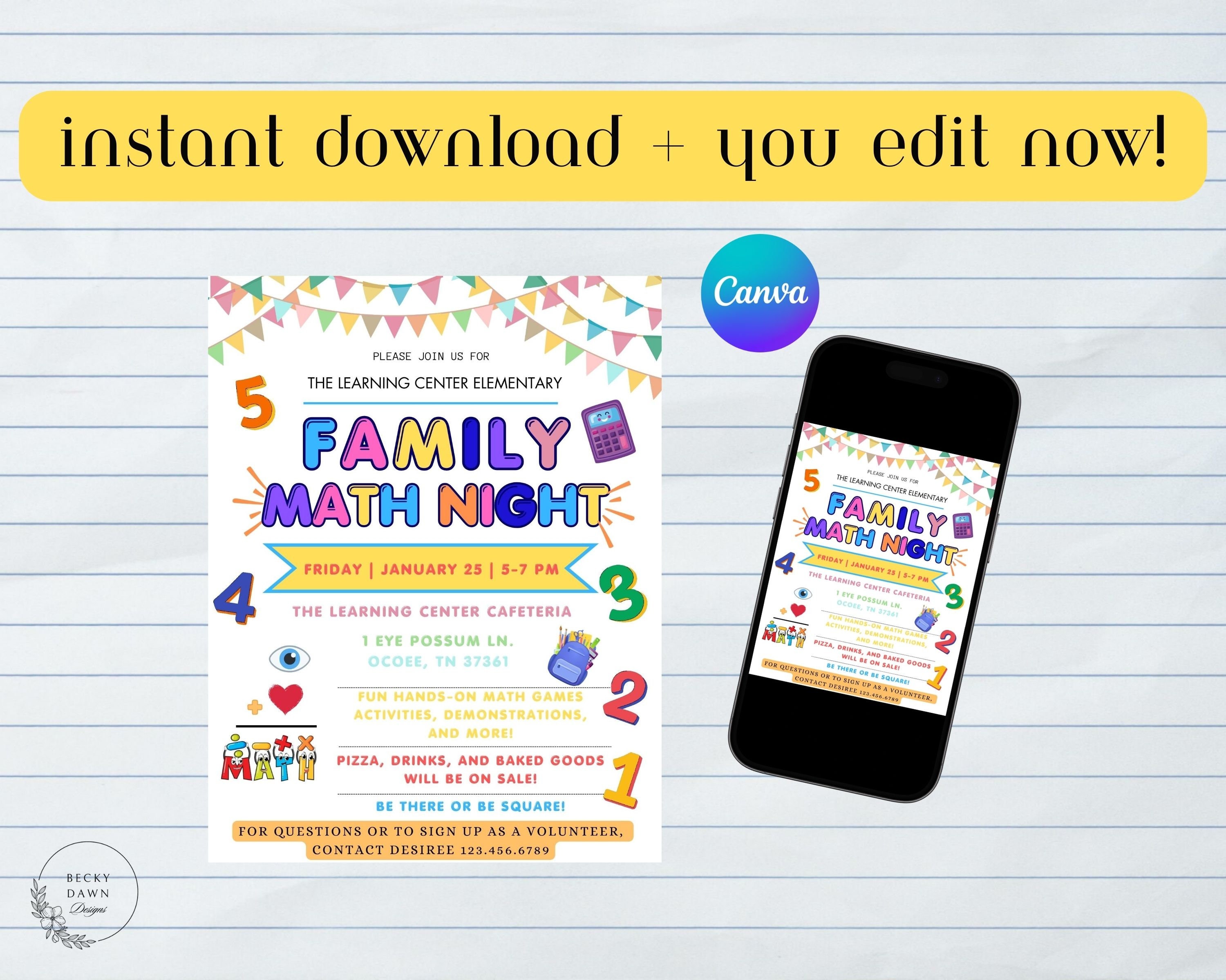 Editable Family Math Night Flyer, PTO PTA Family School Flyer, Math Literacy School Fundraiser Template, Digital Printable