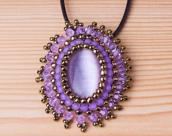 Hand beaded Swarovski purple pendant, Purple beadwork pendant necklace,  Bead embroidery pendant,  purple beads necklace