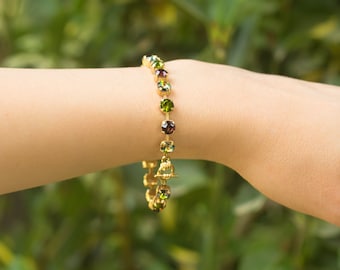 Pulsera Swarovski morada, verde y dorada brillante, pulsera Swarovski dorada, pulsera de cristal Swarovski
