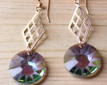 Pendientes de cristal Swarovski de espectro brillante rellenos de oro, pendientes multicolores, pendientes arcoíris, pendientes de rombos dorados, pendientes multicolor