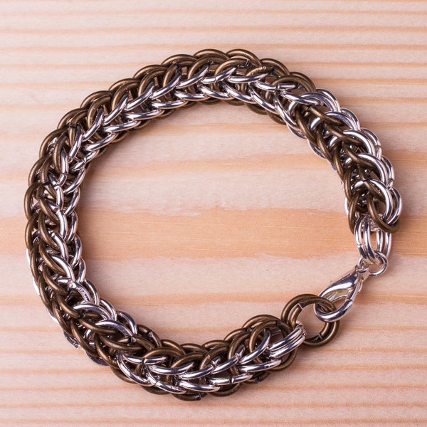 Bracelet lien Chunky, bracelet cotte de mailles unisexe, bracelet chaîne couleur argent et bronze, bracelet chainmaille