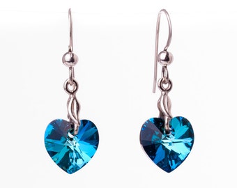 Bermuda Blue Heart Crystal Earrings, peacock silver earrings, Heliotrope blue Swarovski heart crystal earrings, Romantic Jewelry