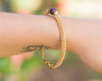 Women delicate hand wouven gold bracelet, viking knit gold wire and purple bracelet, wire woven bracelet