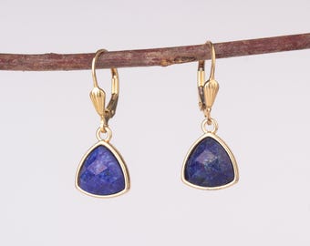 Pendientes colgantes de oro con piedra de lapislázuli, pendientes de oro azul oscuro, pendientes de oro con lapislázuli, pendientes colgantes triangulares de oro