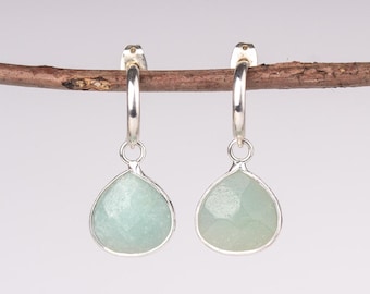 Pendientes de lágrima de amazonita de plata, pendientes de aro de plata, pendientes de amazonita de plata, pendientes curvos, pendientes colgantes de plata, pendientes de gota