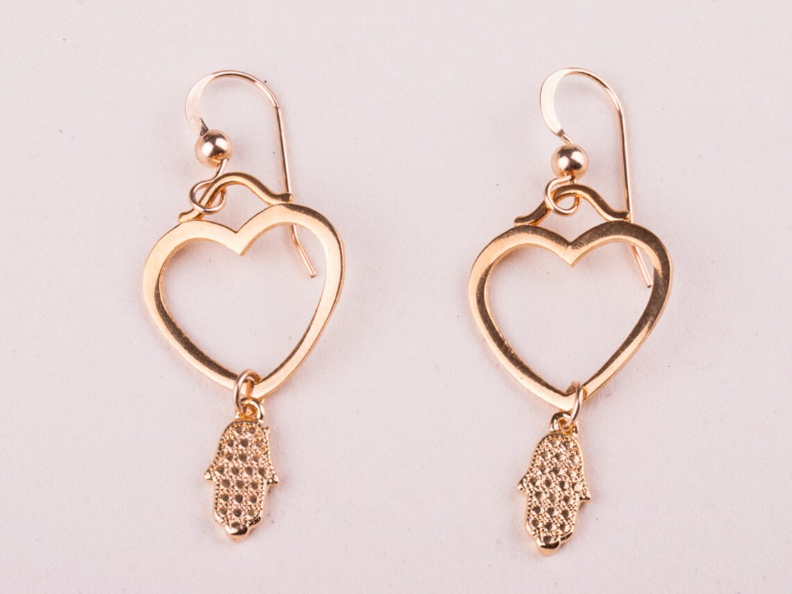 Gold Heart Earrings, Good Luck Earrings, Hamsa Earrings, Gold Hand