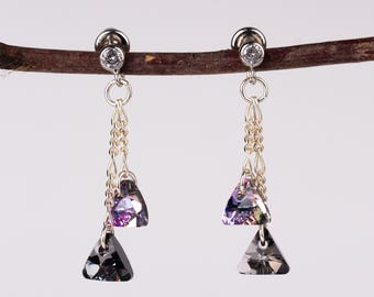Pendientes de plata con colgantes triangulares de Swarovski, pendientes con dije morado de Swarovski, pendientes de cristal morado, pendientes colgantes de plata con cadena