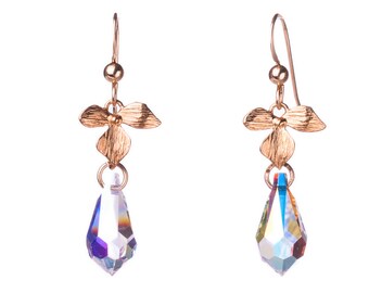 Crystal gold flower earrings, orchid flower gold filled dangle earrings with ab crystal teardrop drop Swarovski, bridal gold earrings