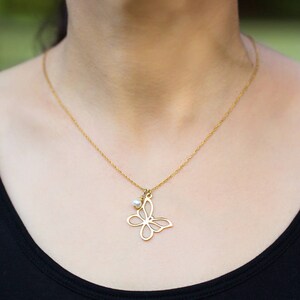 Gold butterfly necklace with freshwater pearl, gold filled necklace, butterfly pendant necklace