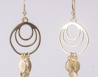 Gold rings and leaf earrings, gold leaf ornament earrings, dangle and drop loop earrings, gold loop earrings, gold leaf earrings