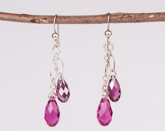 Pendientes de plata con cristales Swarovski en forma de lágrima, pendientes con dije Swarovski fucsia, pendientes de cristal rosa púrpura, pendientes de plata con cadena colgante