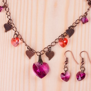 Purple heart necklace set, Copper charm necklace, Romantic gift for her, Swarovski heart, Heart charm necklace, Heart earrings