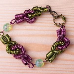 Green and purple coil Bracelet, Wire wrapped green and purple bracelet, purple green bracelet,