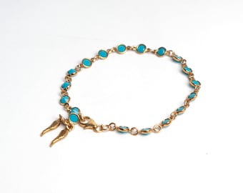 Pulsera de oro con dije de turquesa Swarovski, pulsera de oro con forma de hoja, pulsera de cadena chapada en oro