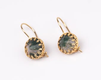 Pendientes de encaje dorado con piedra preciosa de ágata, pendientes colgantes de oro con ágata, pendientes de gancho con bisel de corona, pendientes de piedra de conexión a tierra, joyas curativas