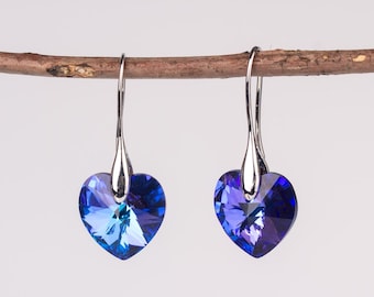 Pendientes de corazón de heliotropo con Swarovski de plata, pendientes de gota de Swarovski azul, pendientes de corazón de plata de ley, pendientes de Swarovski azul Capri