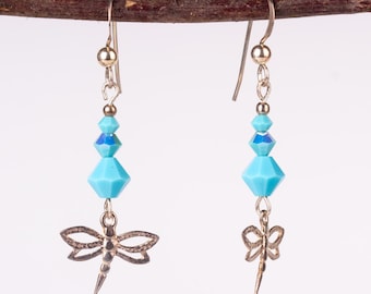 Pendientes de plata con colgante de libélula, pendientes colgantes de plata con cuentas de cristal Swarovski turquesa, pendientes colgantes de plata de ley