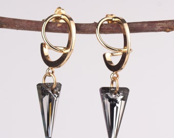 Pendientes geométricos de oro Swarovski, pendientes colgantes de oro con colgantes triangulares de Swarovski, pendientes de cristal de oro en espiral, cristales de hematita Jet