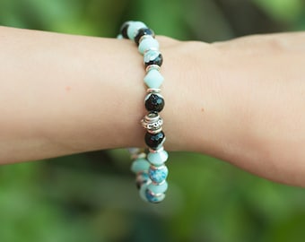Pulsera de ágata azul, pulsera de ágata y Swarovski, pulsera azul claro, pulsera elástica de ágata