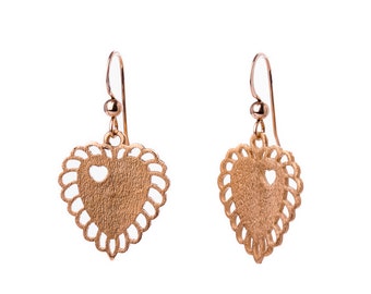 Gold heart matt lace dangle earrings, textured gold heart earrings, heart jewelry, valentines gift, love earrings, gold filled earrings