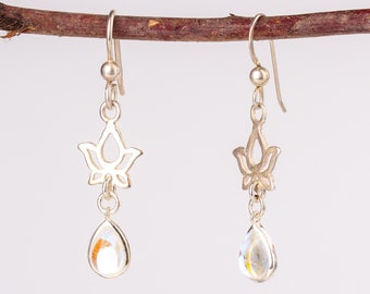 Pendientes de loto de plata, pendientes colgantes florales con circonitas transparentes, pendientes de circonitas translúcidas, pendientes colgantes de plata de ley