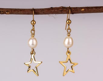 Pendientes de oro con estrella y perlas, pendientes colgantes chapados en oro con colgante de estrella y perla, pendientes clásicos de perlas, pendientes minimalistas de oro