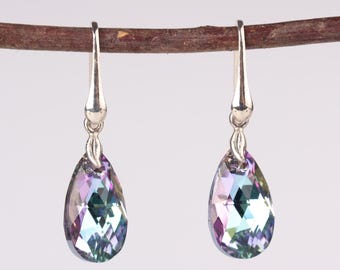 Pendientes de plata azul-violeta, pendientes de cristal Swarovski en forma de lágrima, pendientes de cristal azul-violeta en forma de pera, pendientes de plata delicados