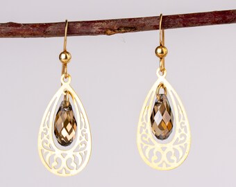 Pendientes colgantes de filigrana dorada con cristal Swarovski marrón claro, pendientes de cristal Swarovski de cuarzo ahumado, lágrima brillante