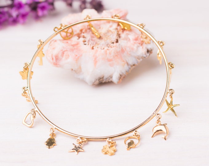Gold Bangle Charms Bracelet Good Luck Bracelet Hamsa Charm Etsy