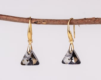 Pendientes colgantes dorados con cristales triangulares de Swarovski, pendientes negros de Swarovski, pendientes dorados de Swarovski, pendientes colgantes de hematita negra
