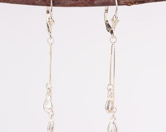 Pendientes colgantes de circonitas de plata, pendientes largos colgantes, pendientes de cadena de plata esterlina con colgante de circonita, delicados pendientes de plata