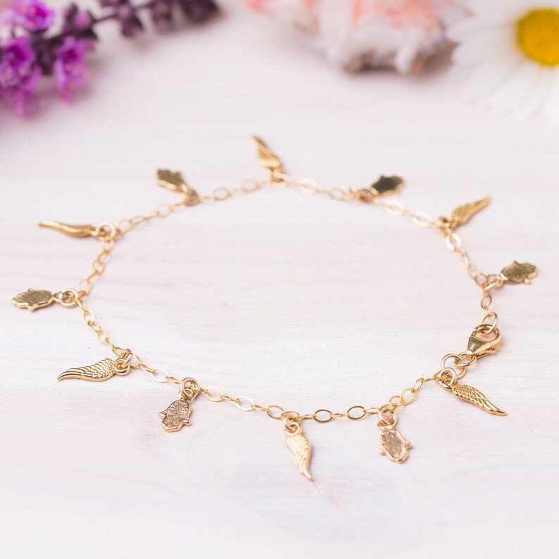 Good Luck Charm Bracelet, Gold Wing Bracelet, Wish Bracelet, Hamsa Hand