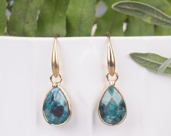 Pendientes de oro, pendientes de piedra, pendientes de oro de ágata verde, pendientes chapados en oro, pendientes de piedras preciosas